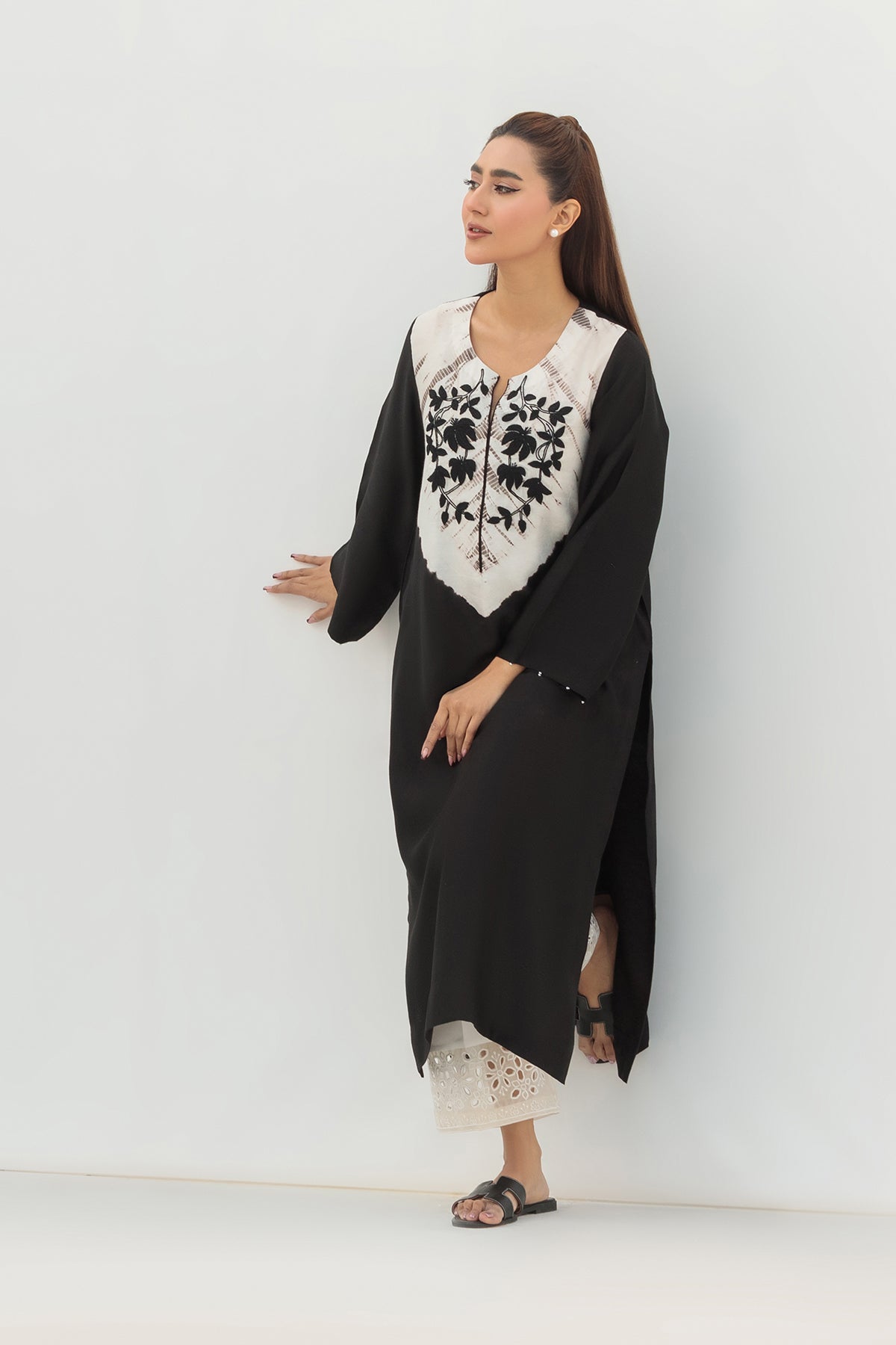BLACK SHADED EMBROIDERED SHIRT - COTTON NET