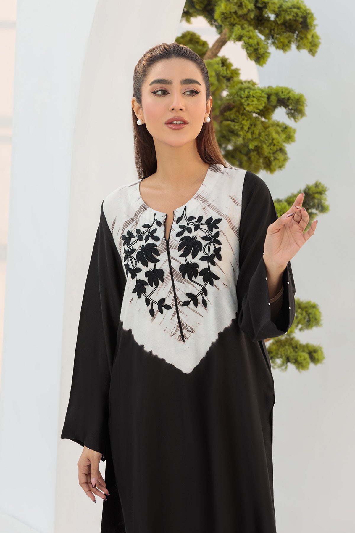 BLACK SHADED EMBROIDERED SHIRT - COTTON NET