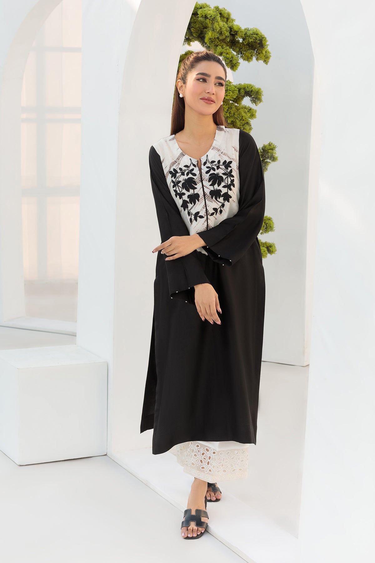 BLACK SHADED EMBROIDERED SHIRT - COTTON NET