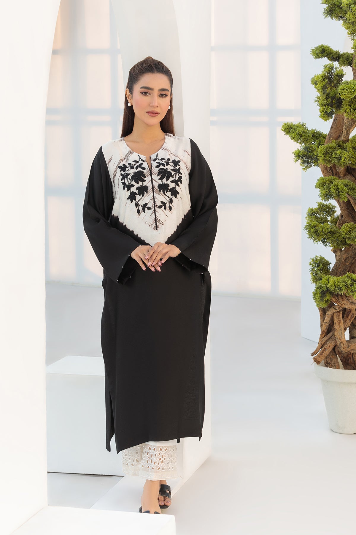BLACK SHADED EMBROIDERED SHIRT - COTTON NET