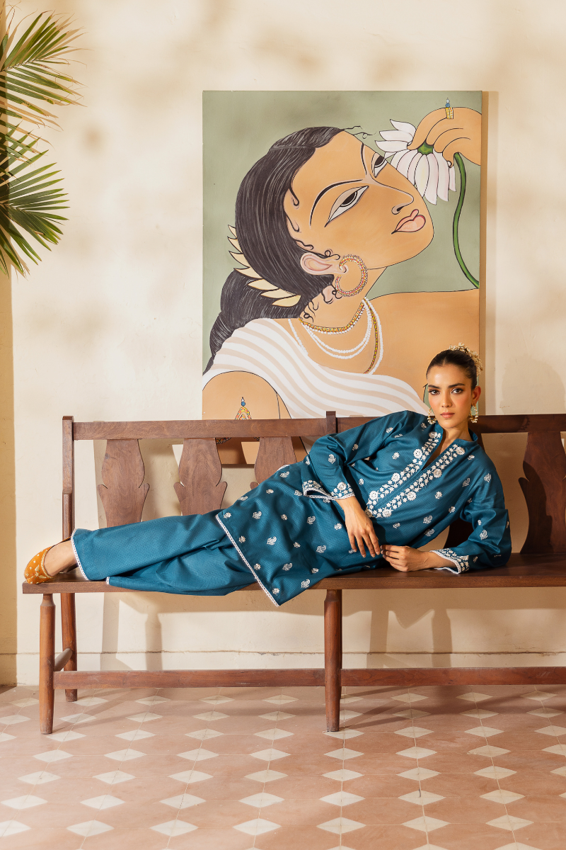 TURQUOISE EMBROIDERED LAWN SET