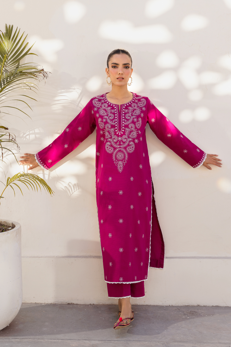 SHOCKING PINK EMBROIDERED LAWN SET