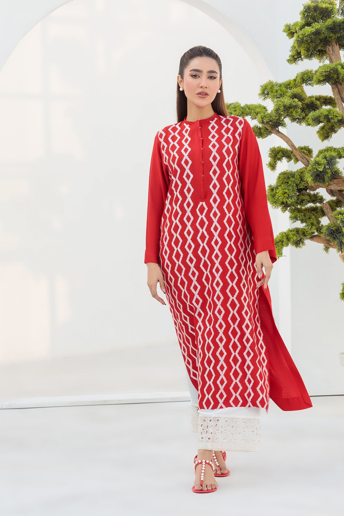 RED EMBROIDERED SHIRT - COTTON NET